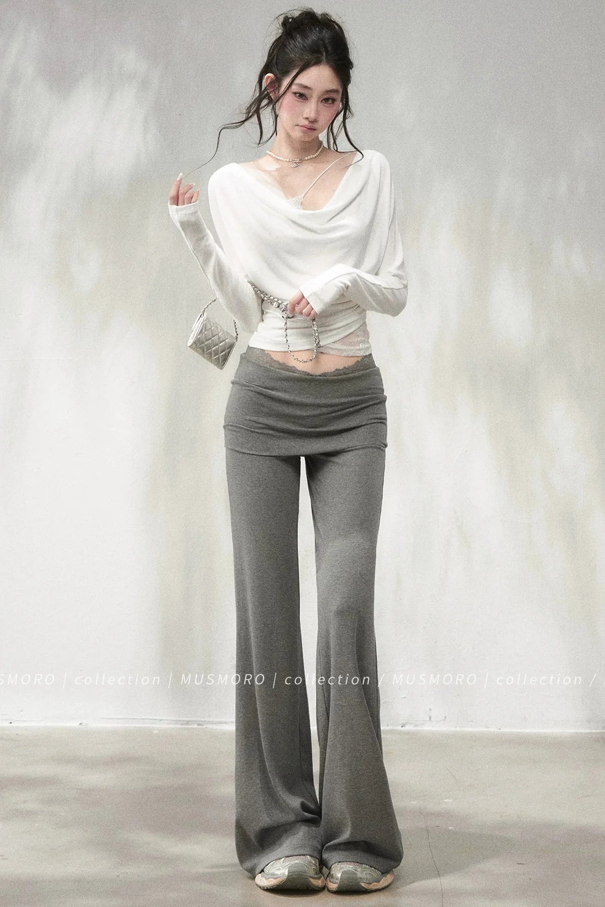 Lace Trim Folded Waistband Flared Pants
