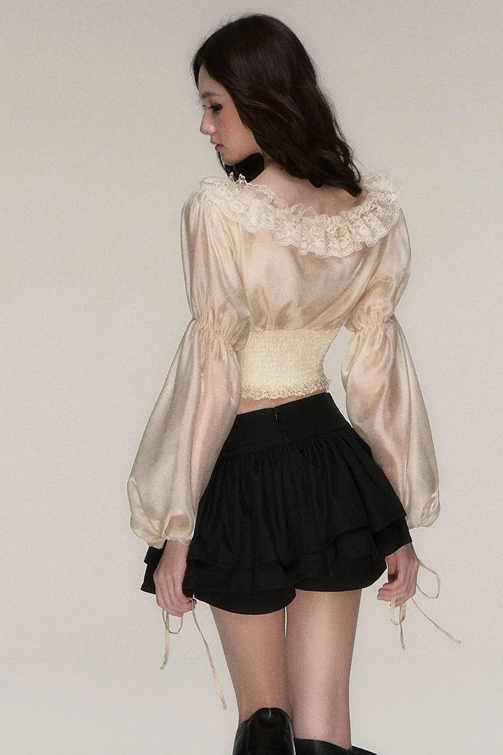 Beige Lace Jacquard Corset Lace-Up Top