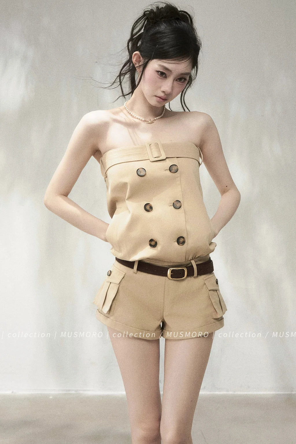 Khaki Double-Breasted Strapless Cargo Jumpsuit