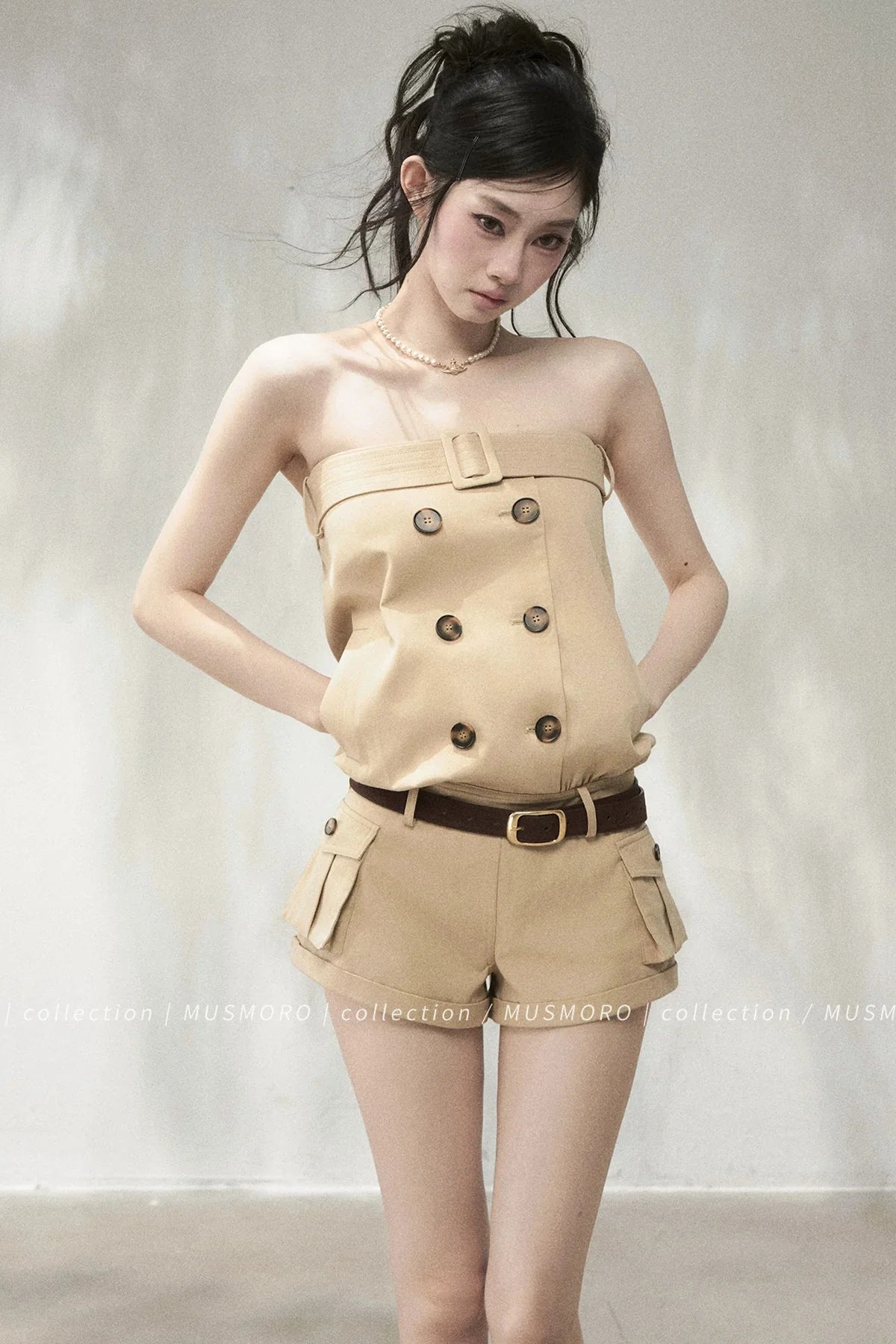 Khaki Double-Breasted Strapless Cargo Jumpsuit