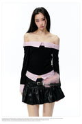 Black Pink Color-Blocked Off-Shoulder Ruched Top