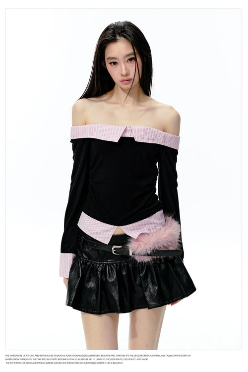 Black Pink Color-Blocked Off-Shoulder Ruched Top