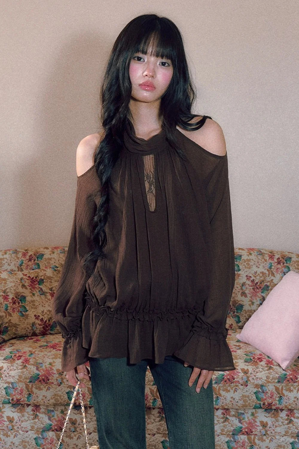 Retro Halterneck Off-Shoulder Ruffle Blouse