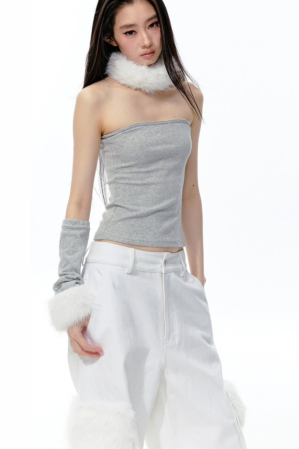 Detachable Fur Collar Knit Tube Top