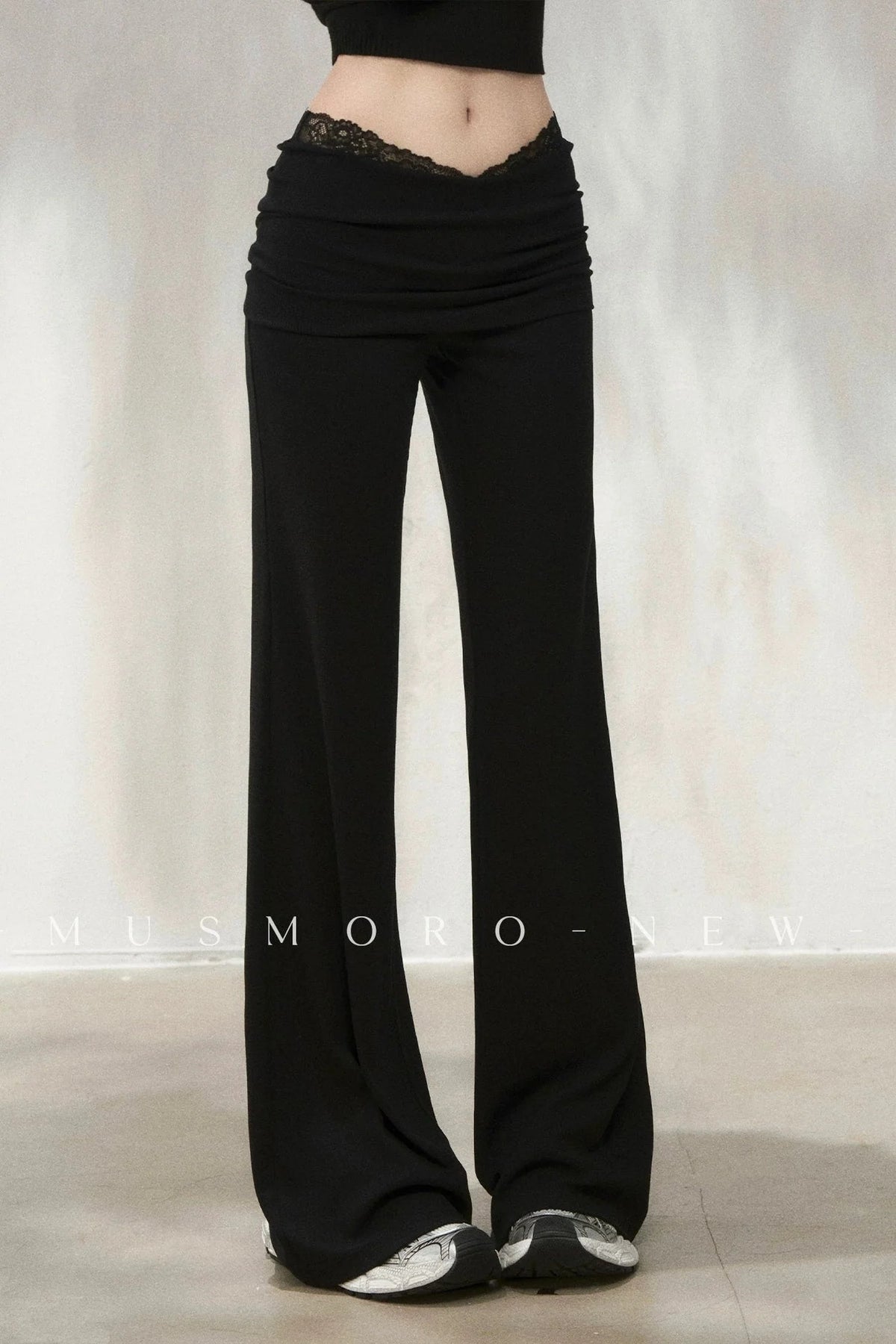 Lace Trim Folded Waistband Flared Pants