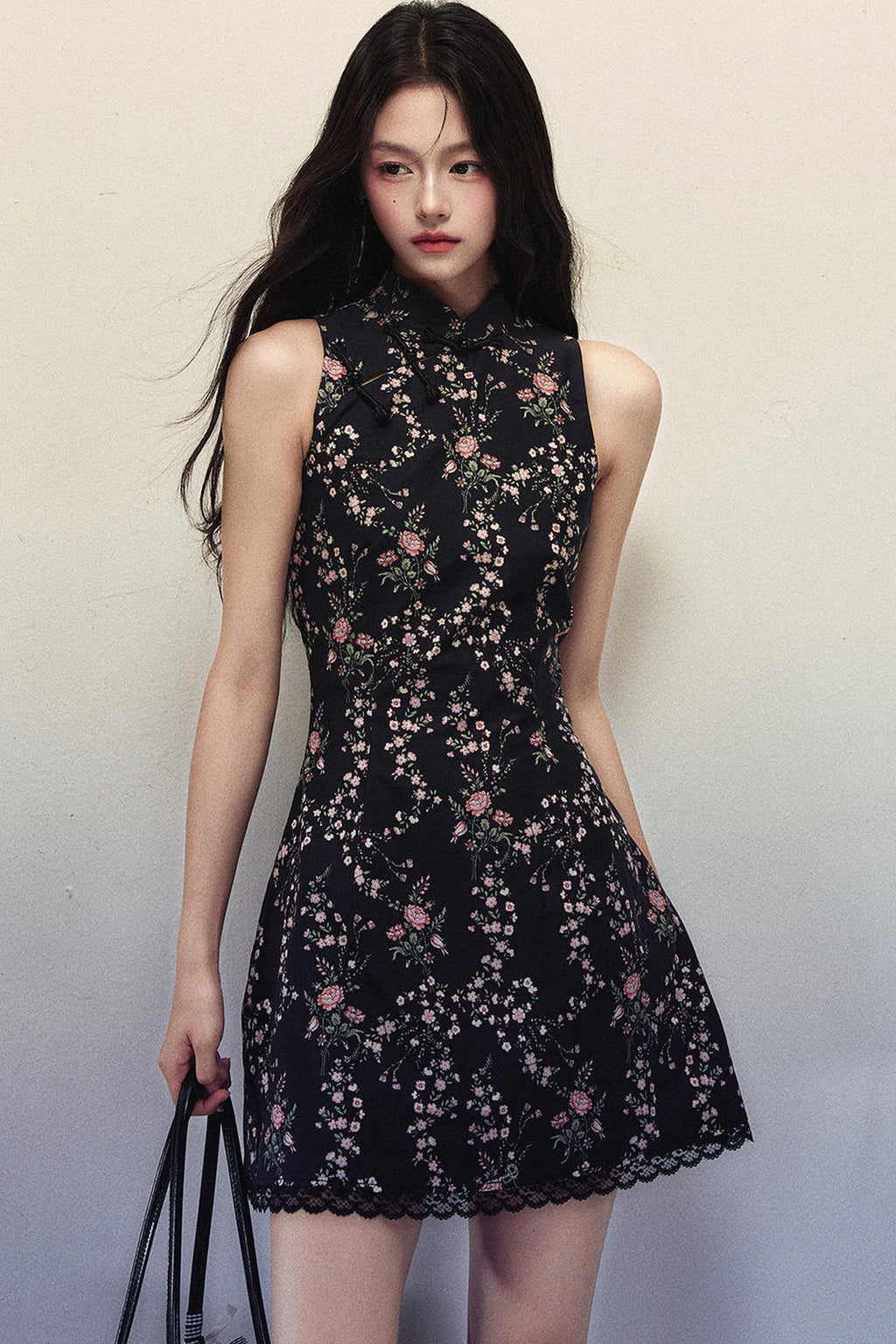 Floral Print Stand Collar Sleeveless Dress