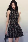 Floral Print Stand Collar Sleeveless Dress