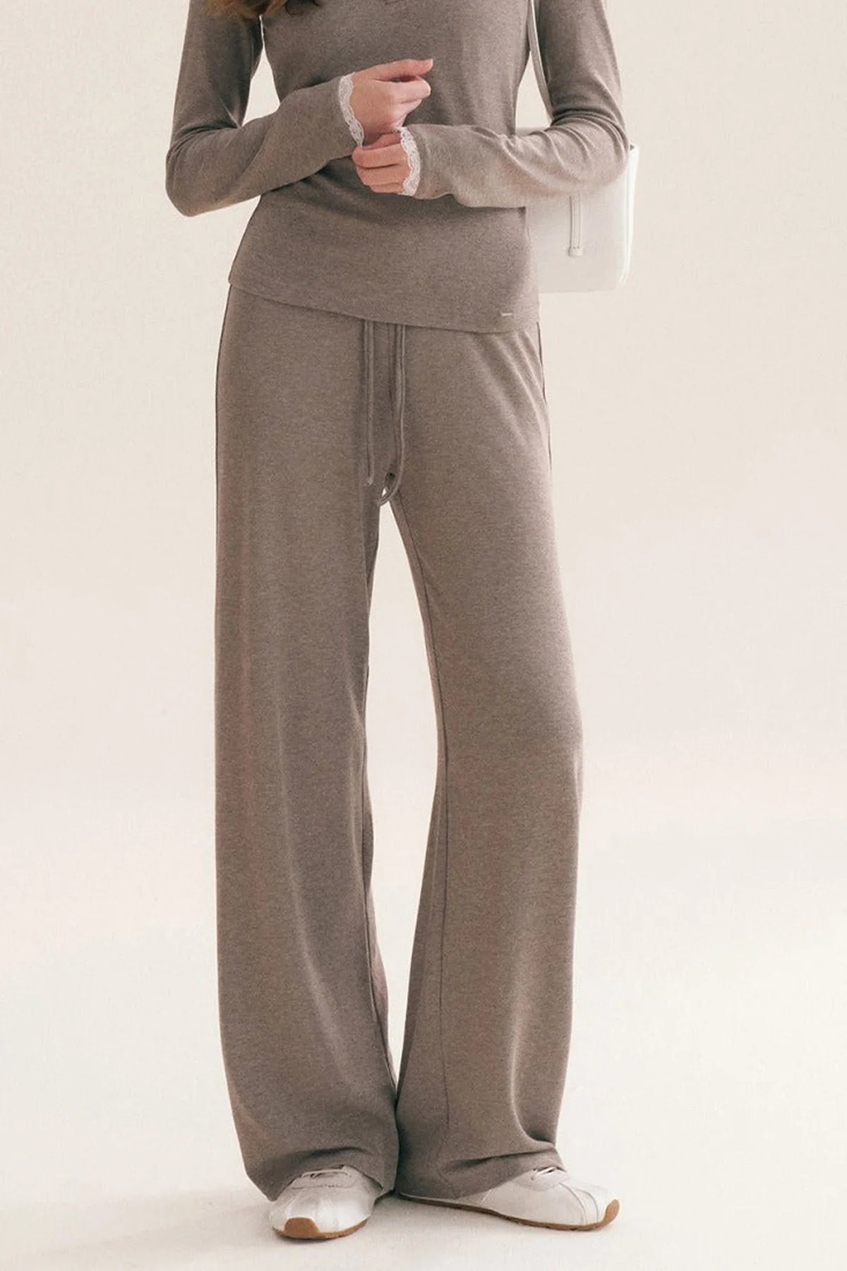 Lace Trim Hooded T-Shirt and Straight Pants Set-Up
