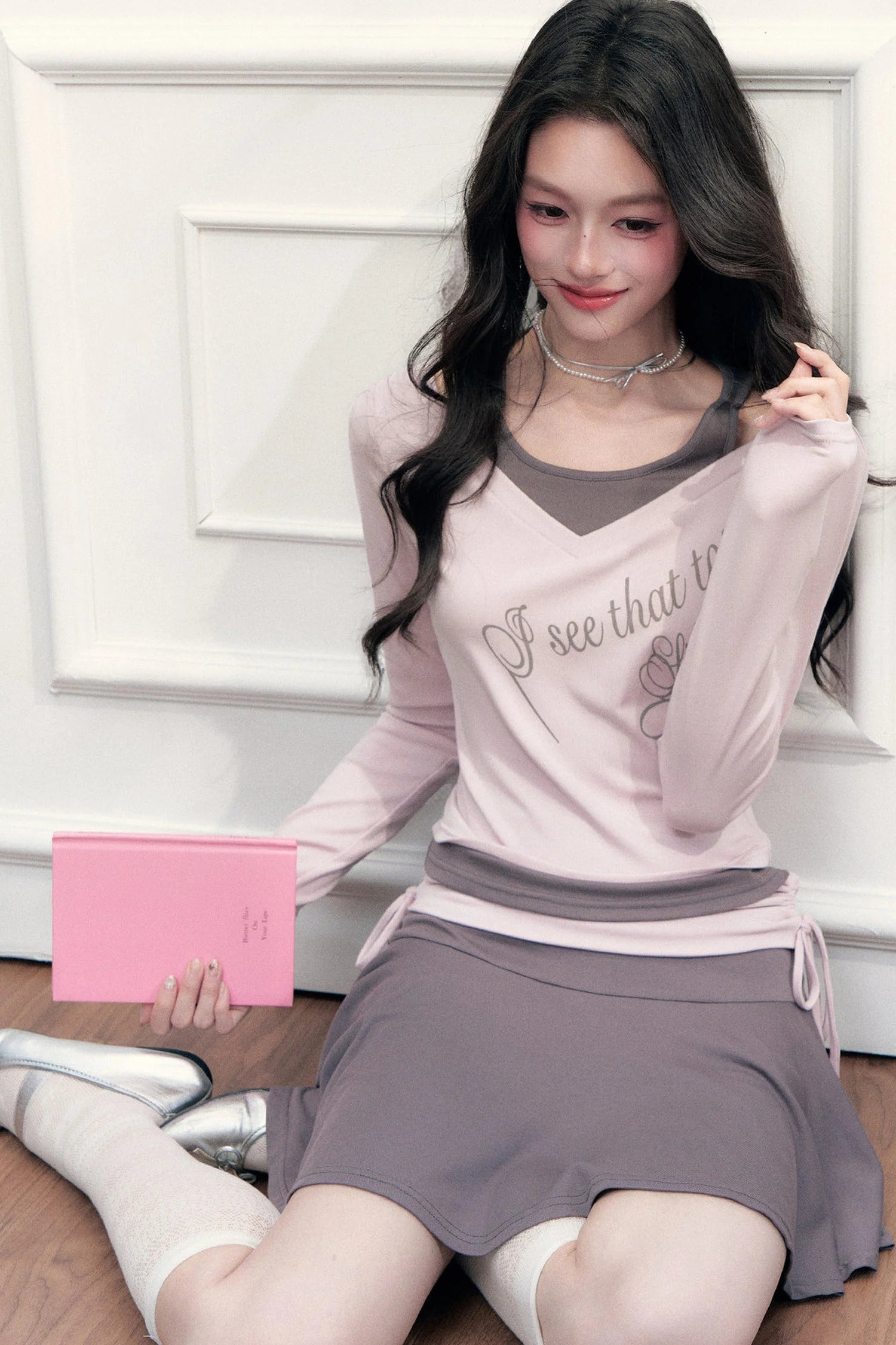 Letter Print T-Shirt with Contrast Drawstring Skirt Set-Up