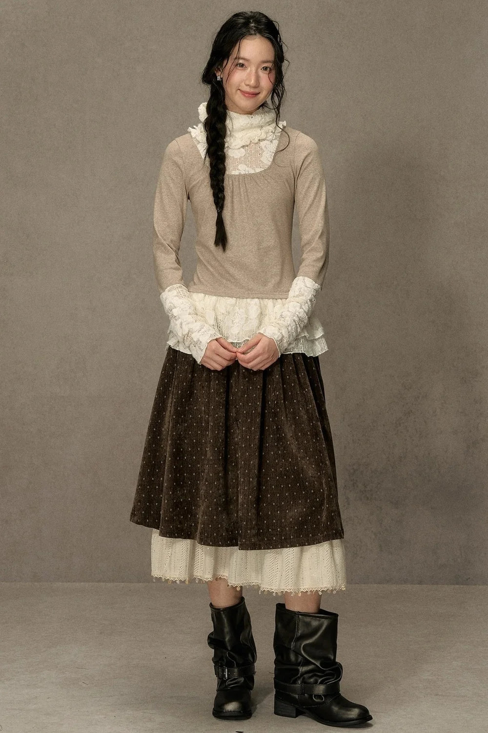 High-Neck Lace Edging Base Layer Top