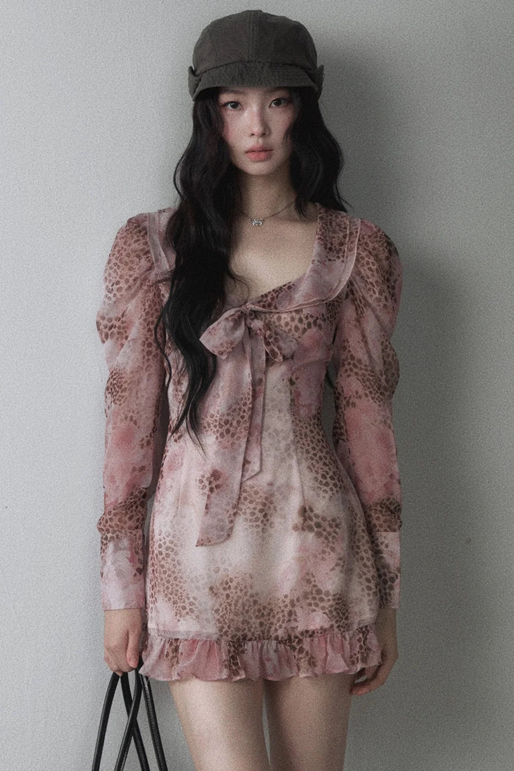 Pink Leopard Print Bow Tie U-Neck Dress