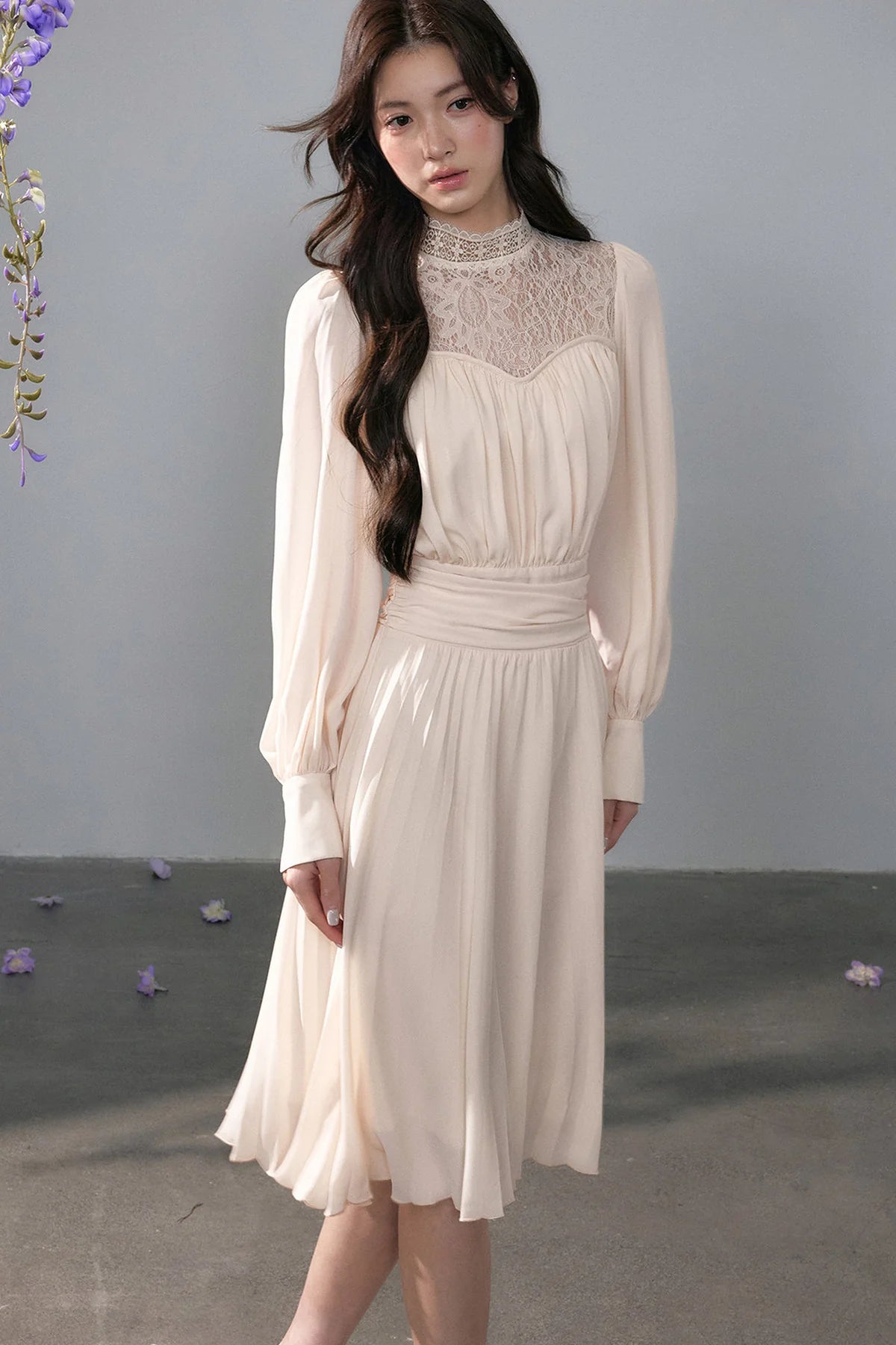 Pleated Lace Mid-Length Dress