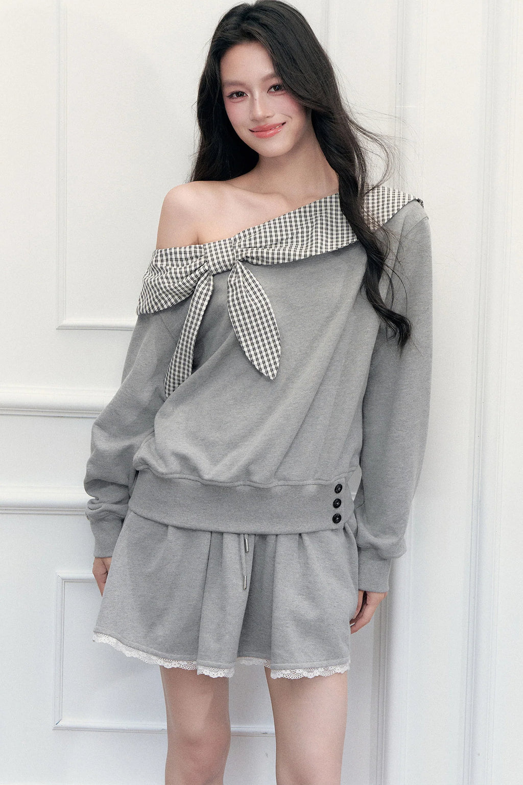 Plaid Patchwork Off-Shoulder Sweatshirt and Skirt Set-Up