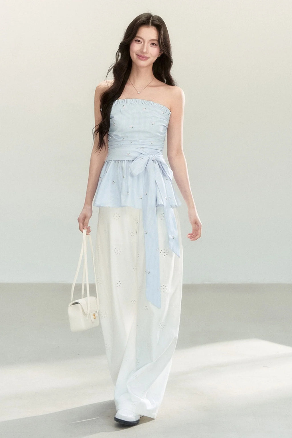 Sweet and Cute Striped Off-Shoulder Tube Top and Pants Set-Up