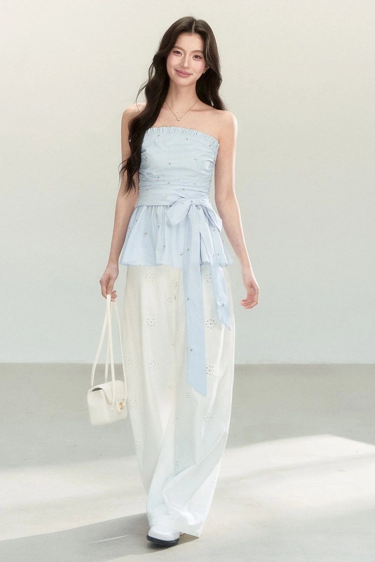 Sweet and Cute Striped Off-Shoulder Tube Top and Pants Set-Up