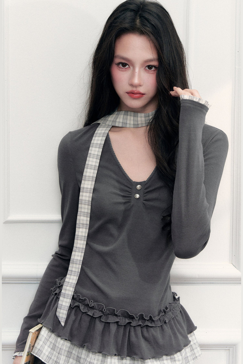 V-Neck Plaid Ruffled T-Shirt and Pants Set-Up