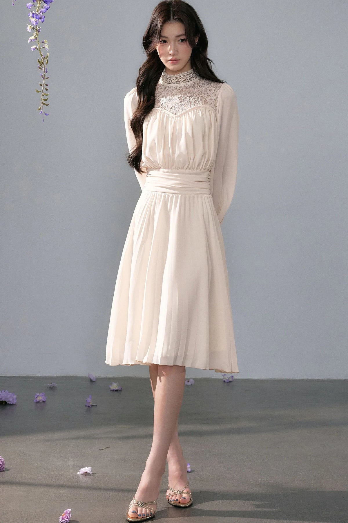 Pleated Lace Mid-Length Dress
