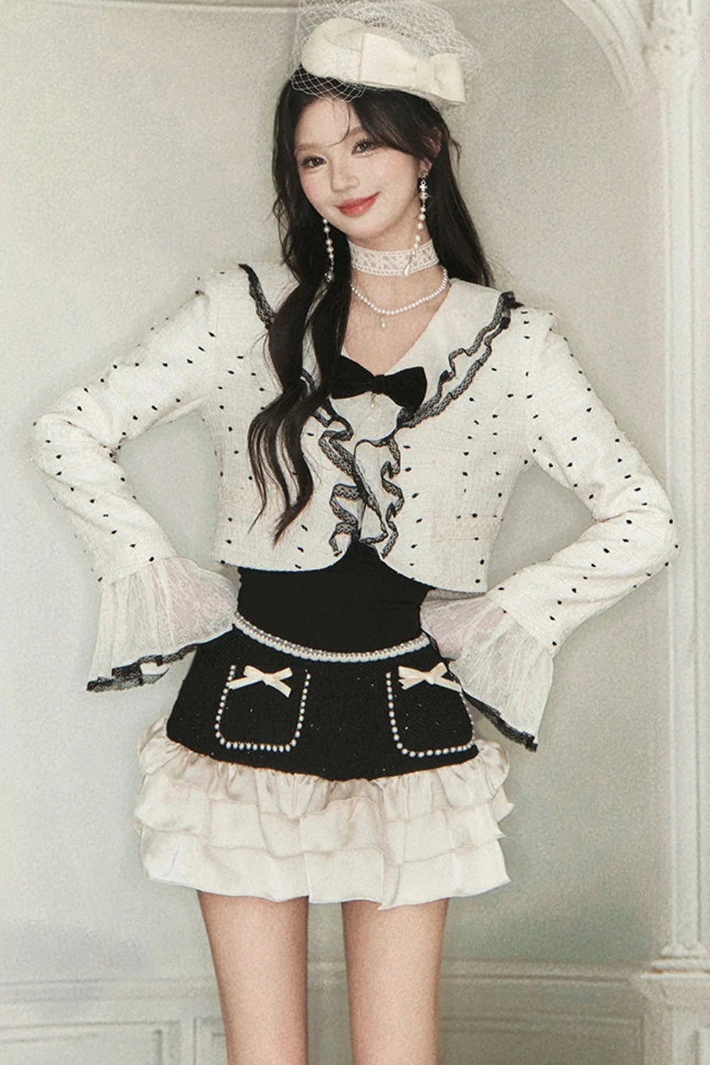 Polka Dot Ruffle Jacket and Skirt Set-Up