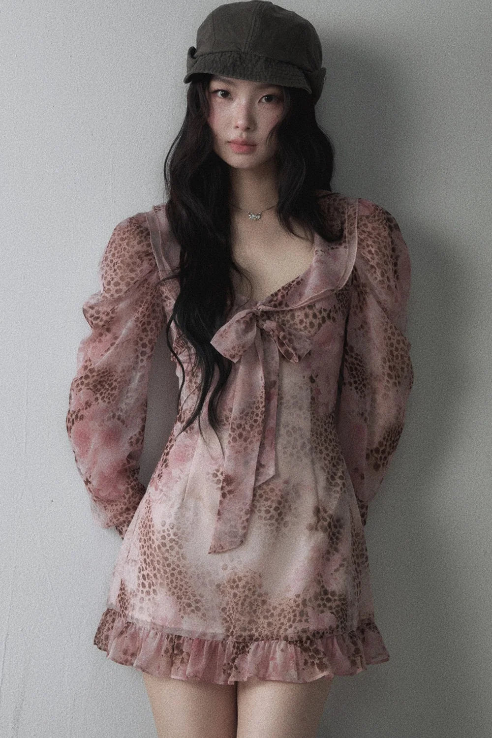 Pink Leopard Print Bow Tie U-Neck Dress