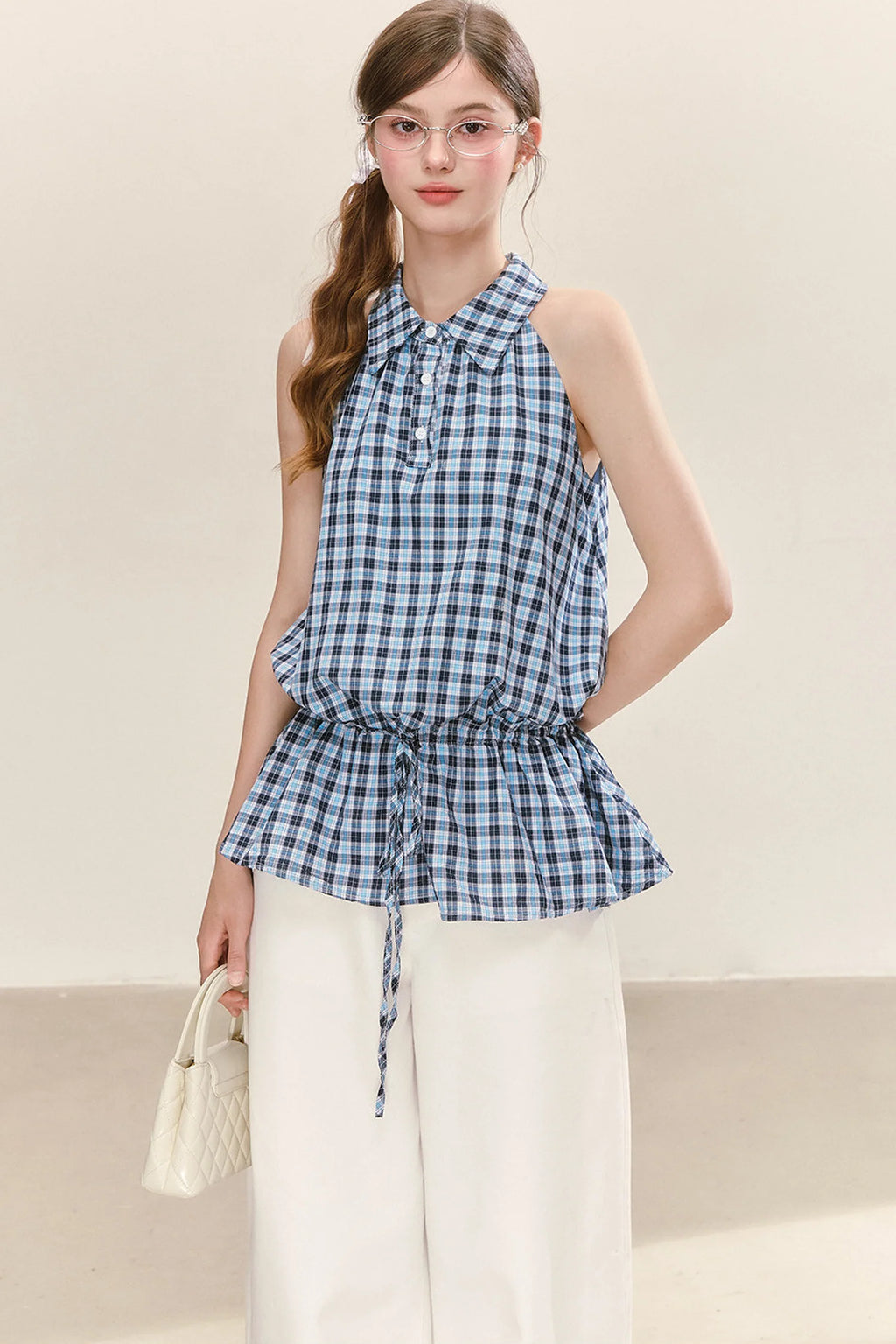 Plaid Sleeveless Halter Drawstring Top Set-Up