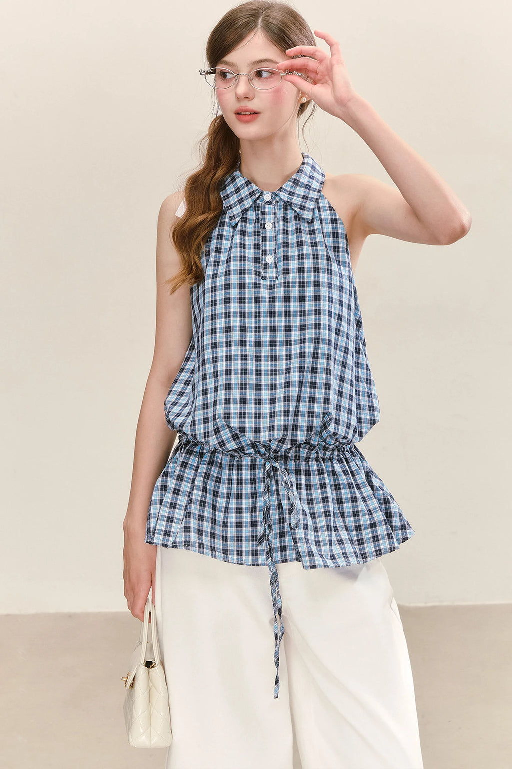 Plaid Sleeveless Halter Drawstring Top Set-Up