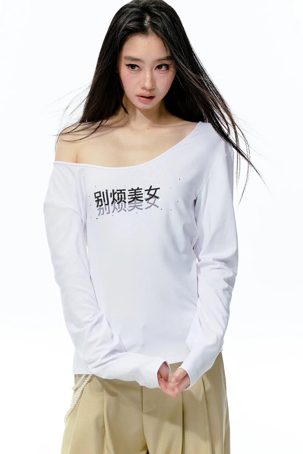 Rhinestone Print Knit Long-Sleeve T-Shirt