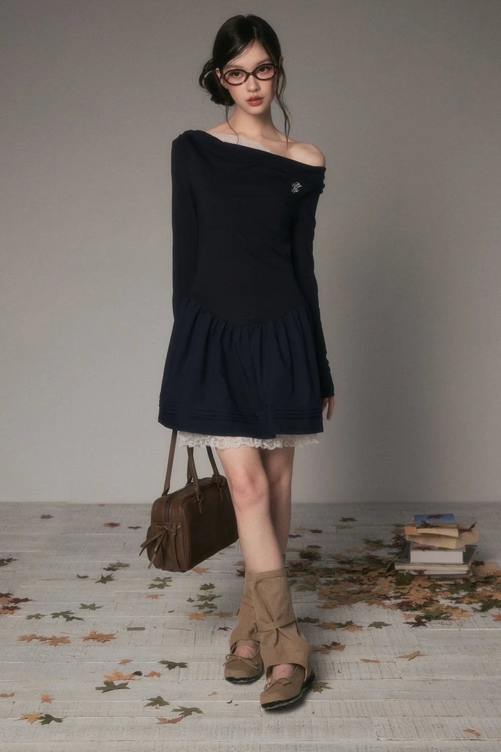 Off-Shoulder Polka Dot Lace Patchwork Dress