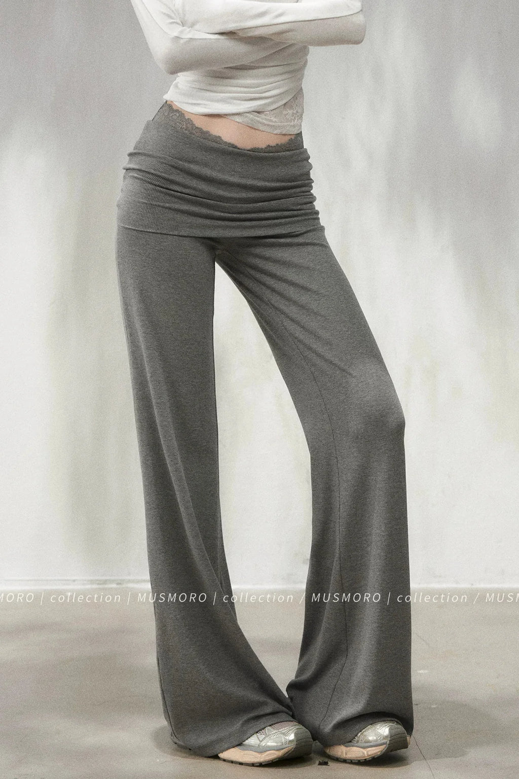 Lace Trim Folded Waistband Flared Pants