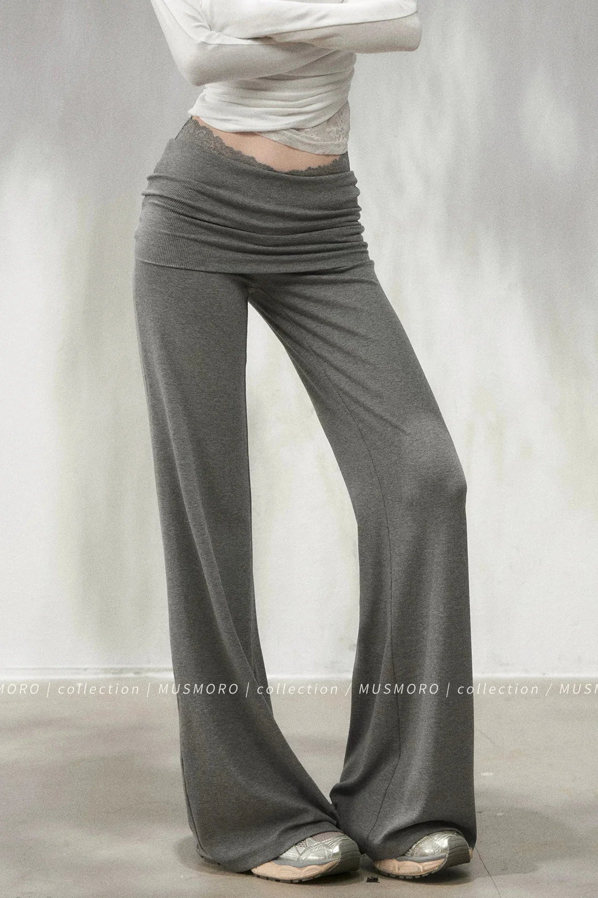 Lace Trim Folded Waistband Flared Pants