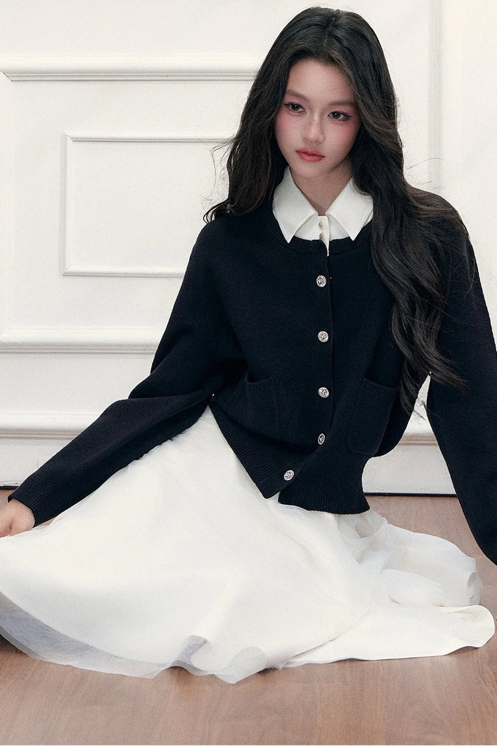 Retro Lapel Patchwork Knit Sweater Set-Up