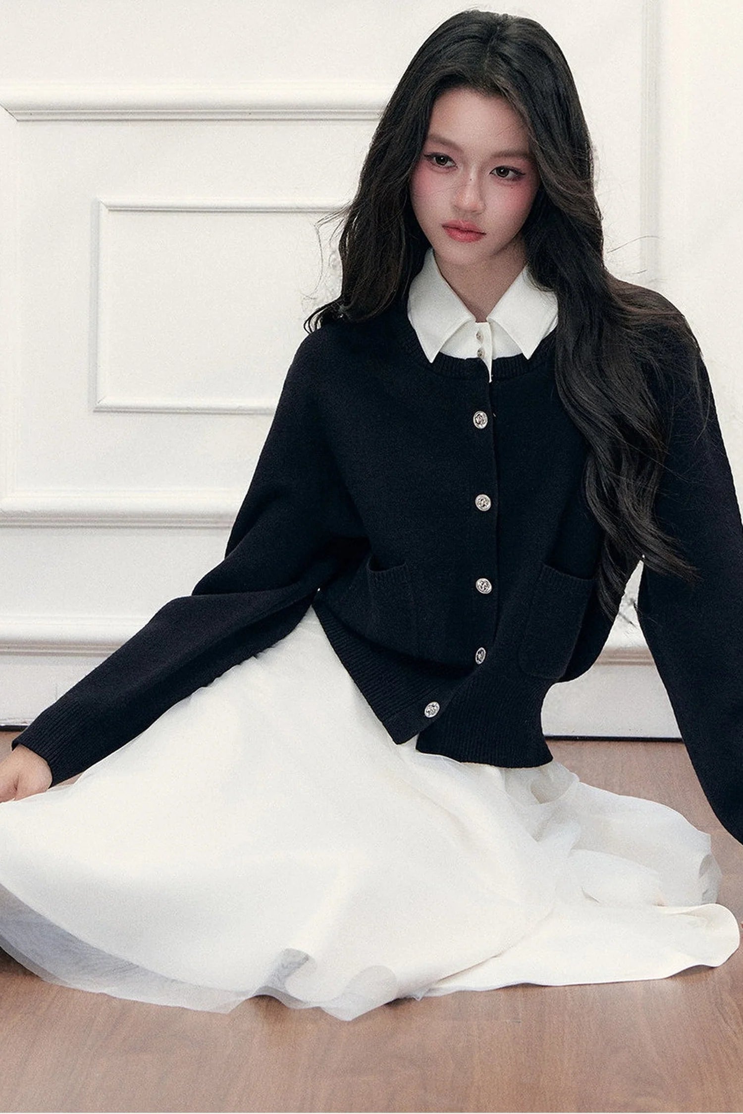 Retro Lapel Patchwork Knit Sweater Set-Up