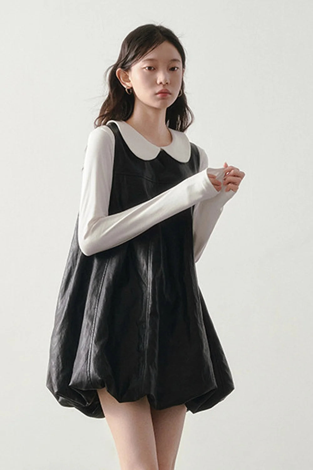 Black Leather-Like Peter Pan Dress