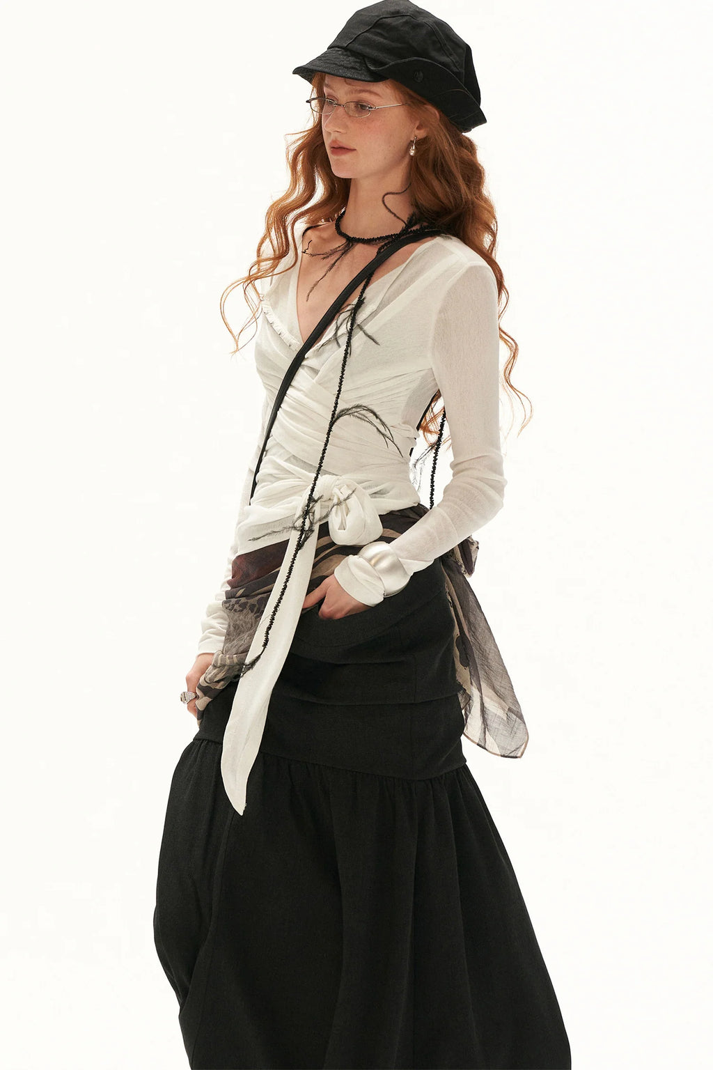 Thin See-Through Cross-Tie Long-Sleeve T-Shirt