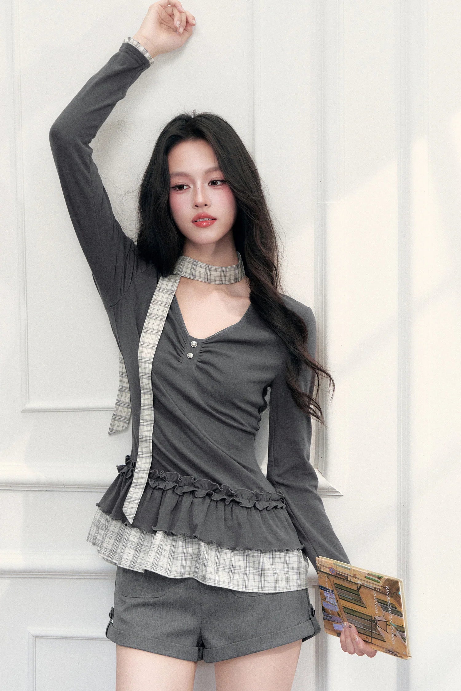V-Neck Plaid Ruffled T-Shirt and Pants Set-Up