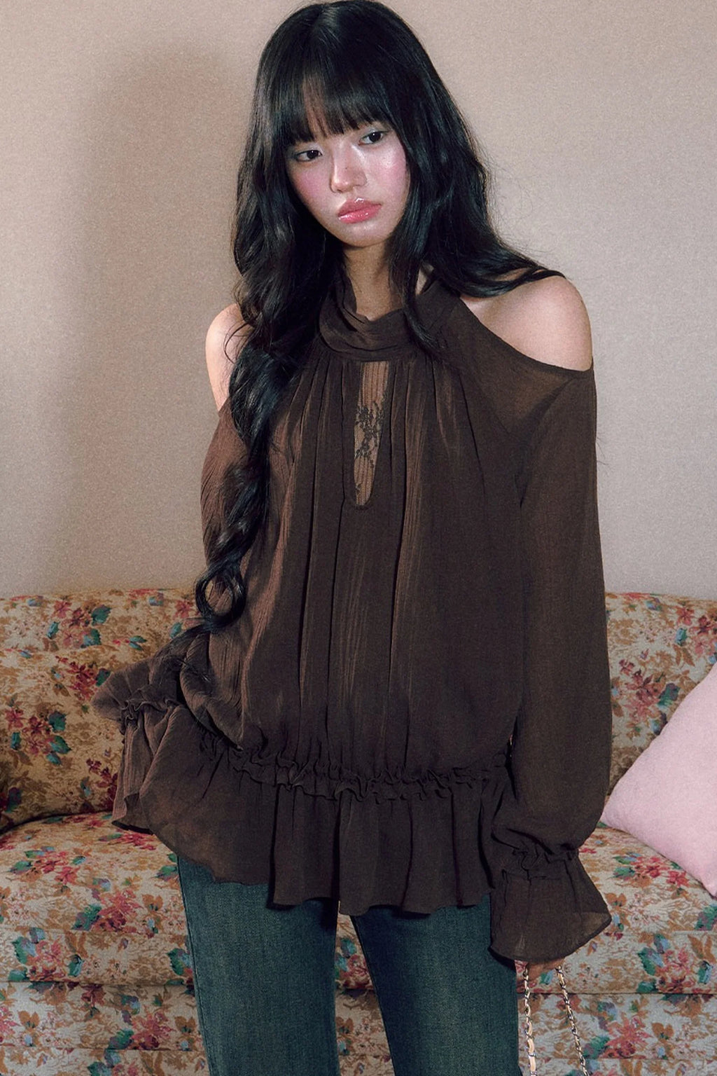 Retro Halterneck Off-Shoulder Ruffle Blouse