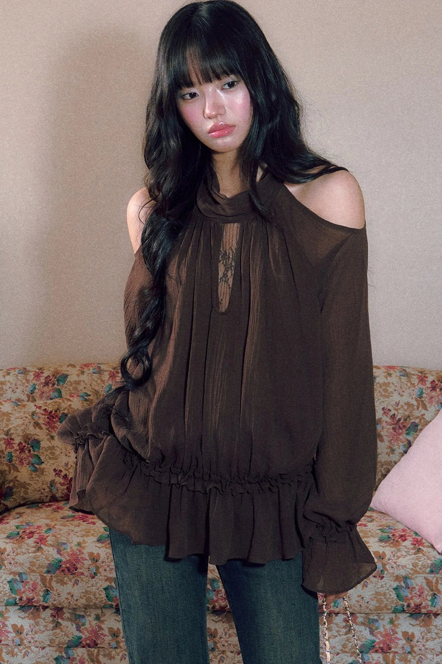 Retro Halterneck Off-Shoulder Ruffle Blouse