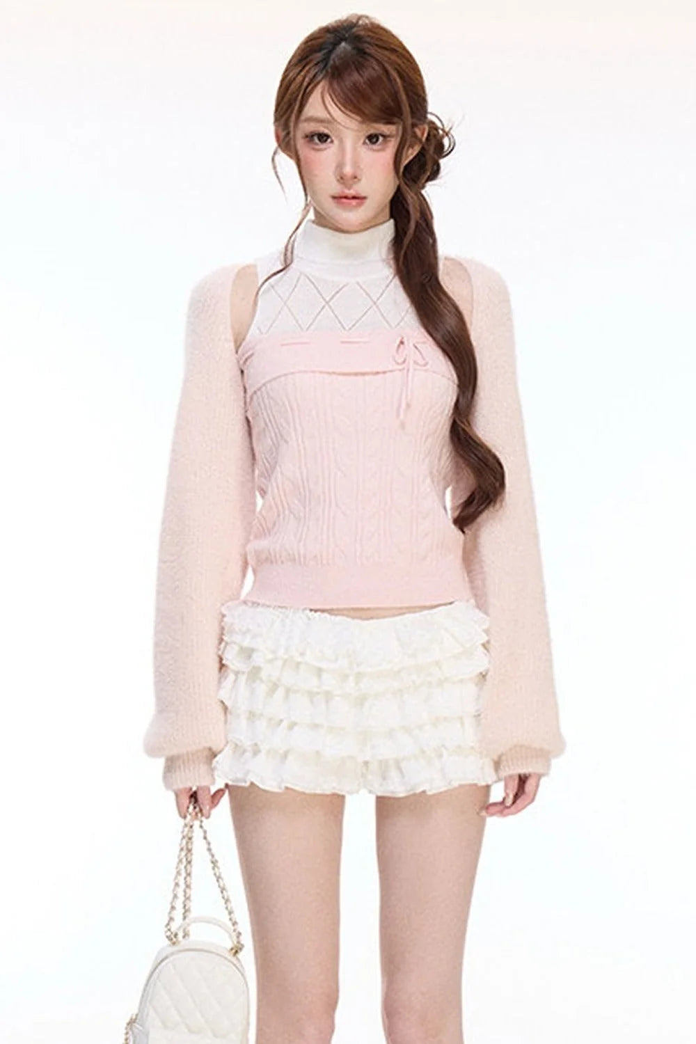 Pink Twist-Knit Cardigan and Shorts 3-Piece Set-Up