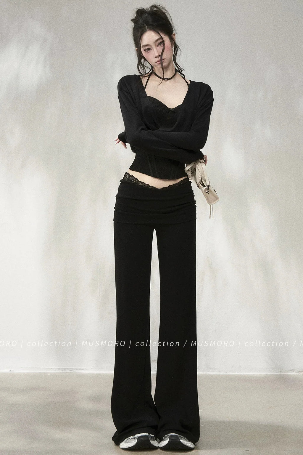 Lace Trim Folded Waistband Flared Pants