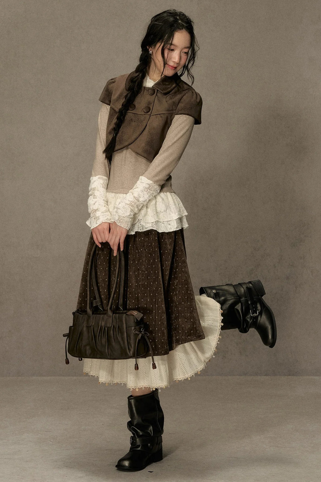 High-Neck Lace Edging Base Layer Top
