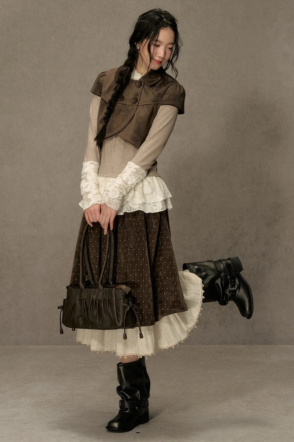 High-Neck Lace Edging Base Layer Top