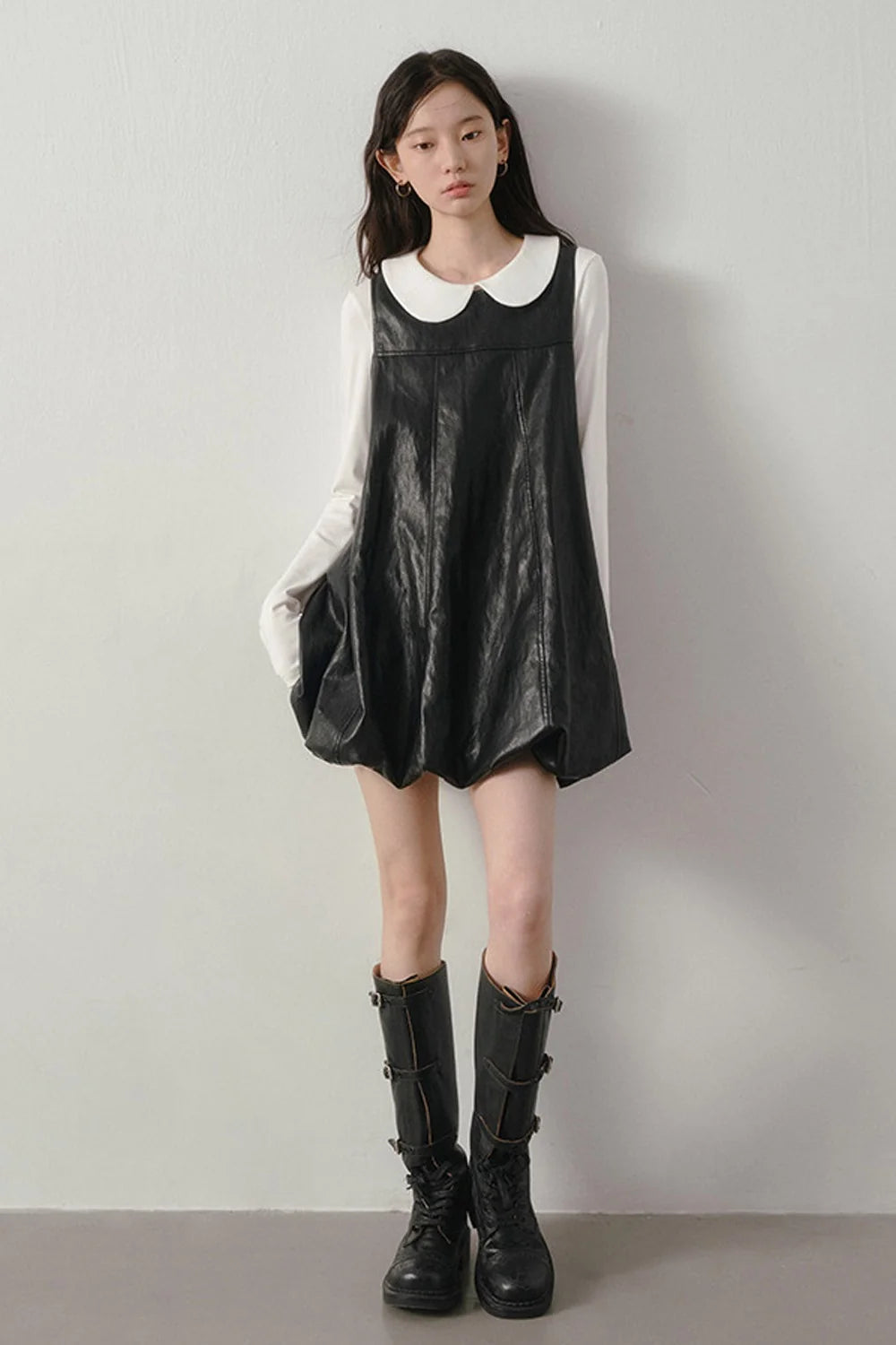 Black Leather-Like Peter Pan Dress