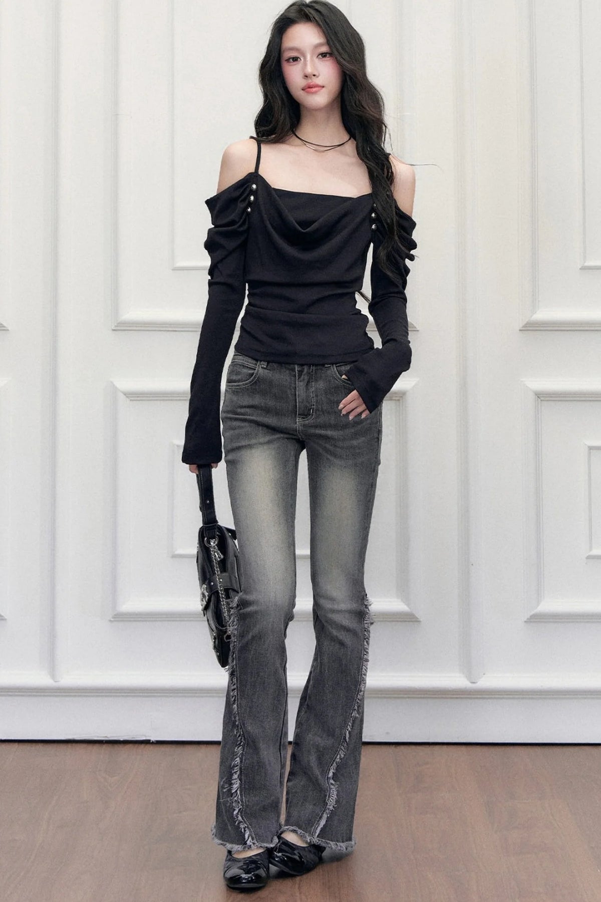 High-Waisted Washed Fringed Flared Jeans