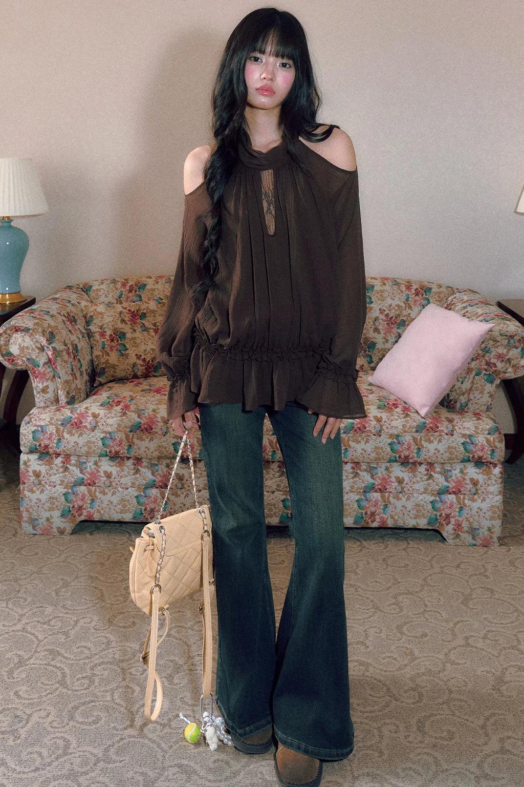 Retro Halterneck Off-Shoulder Ruffle Blouse