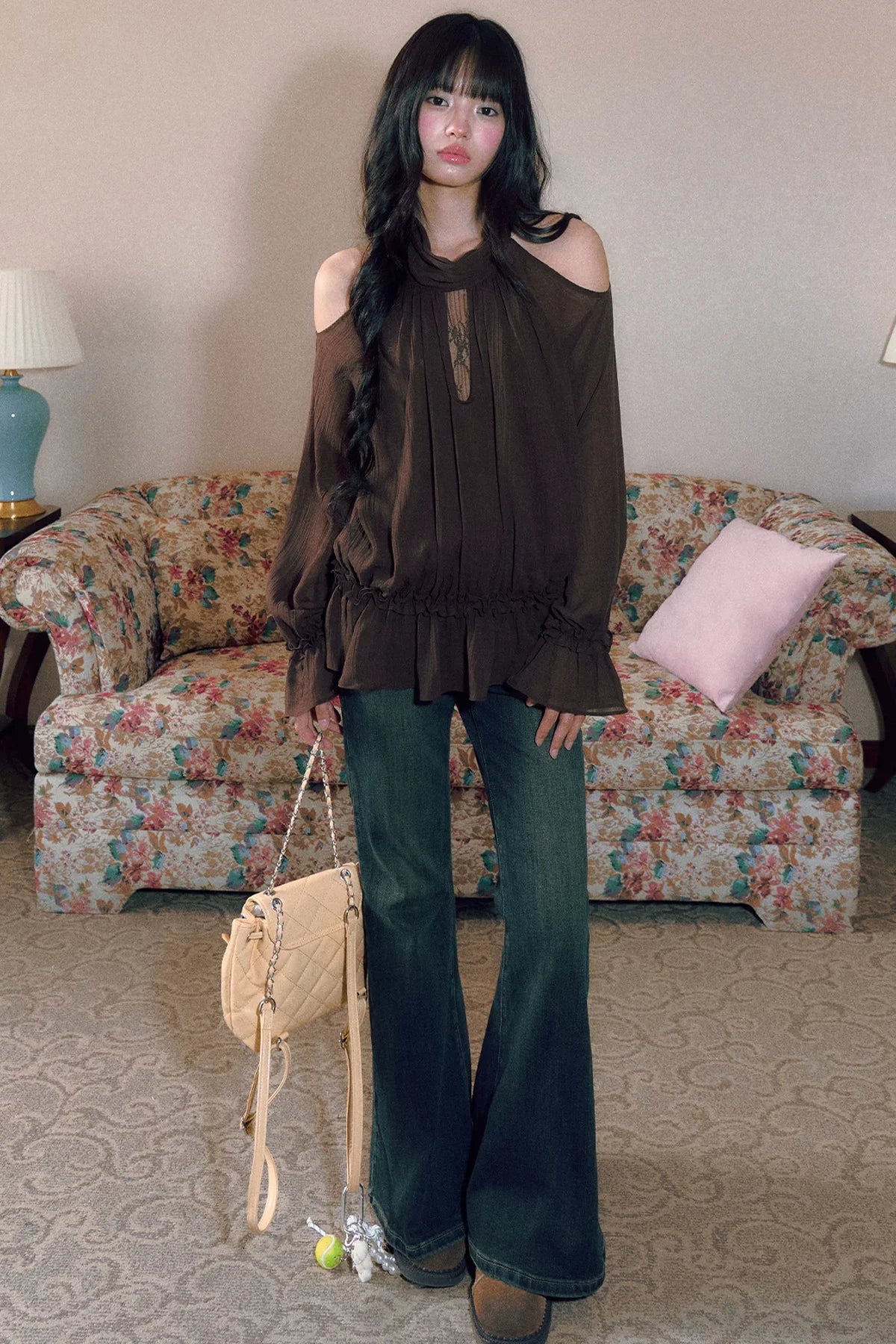 Retro Halterneck Off-Shoulder Ruffle Blouse