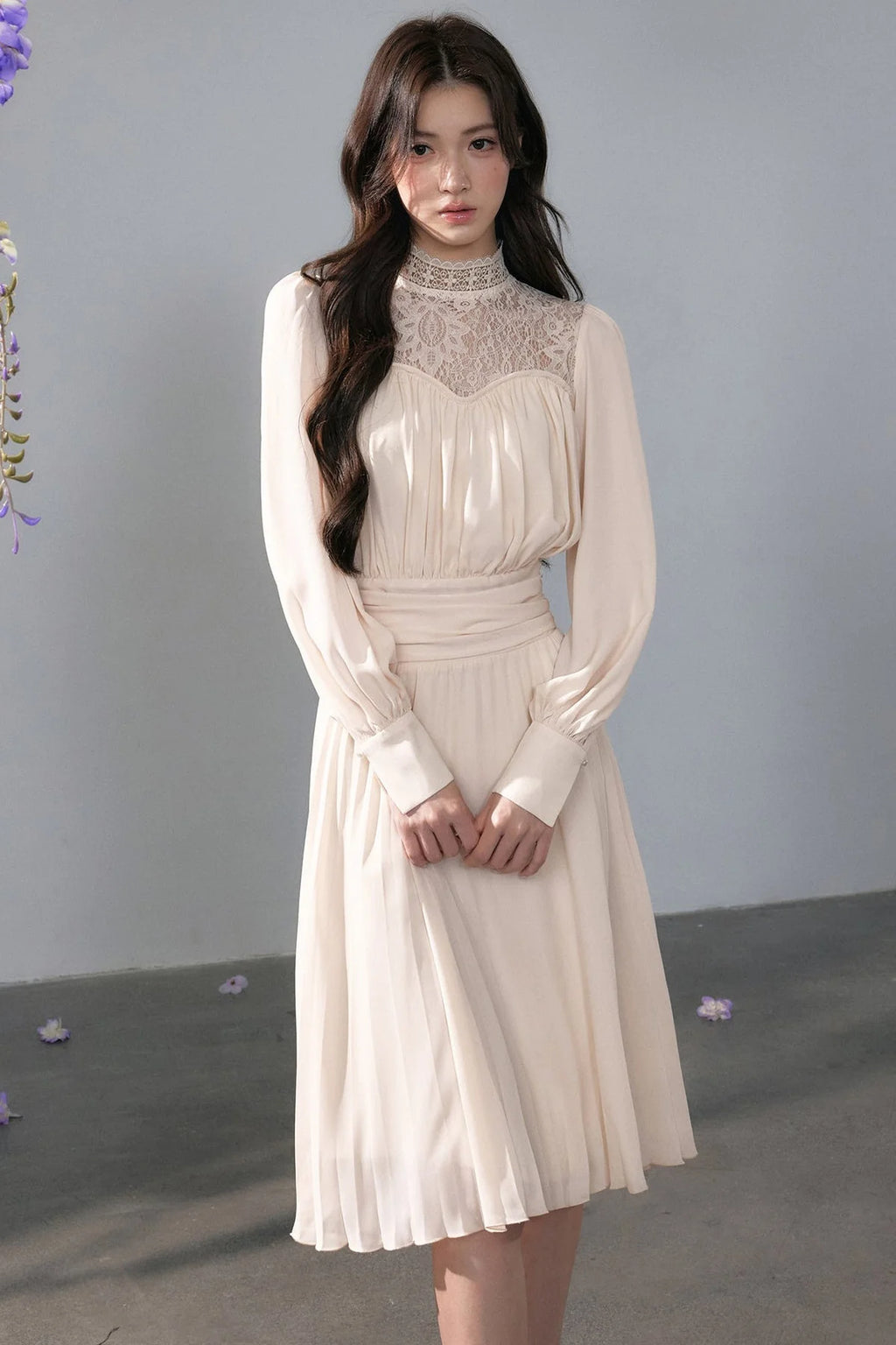 Pleated Lace Mid-Length Dress