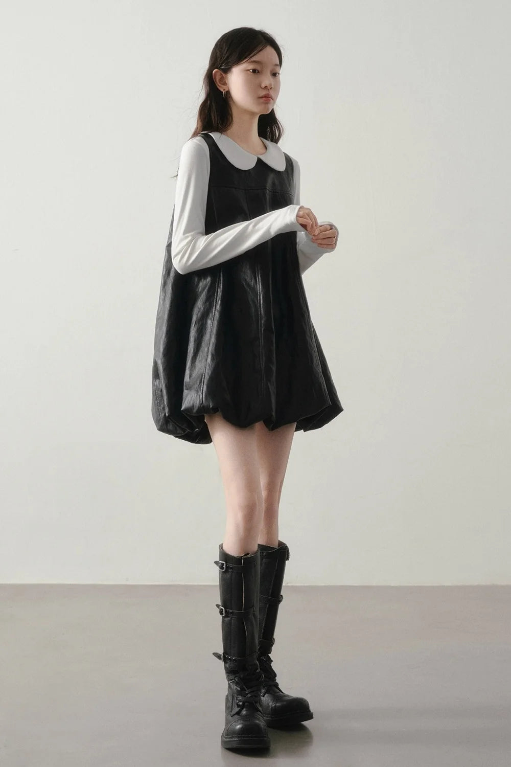 Black Leather-Like Peter Pan Dress