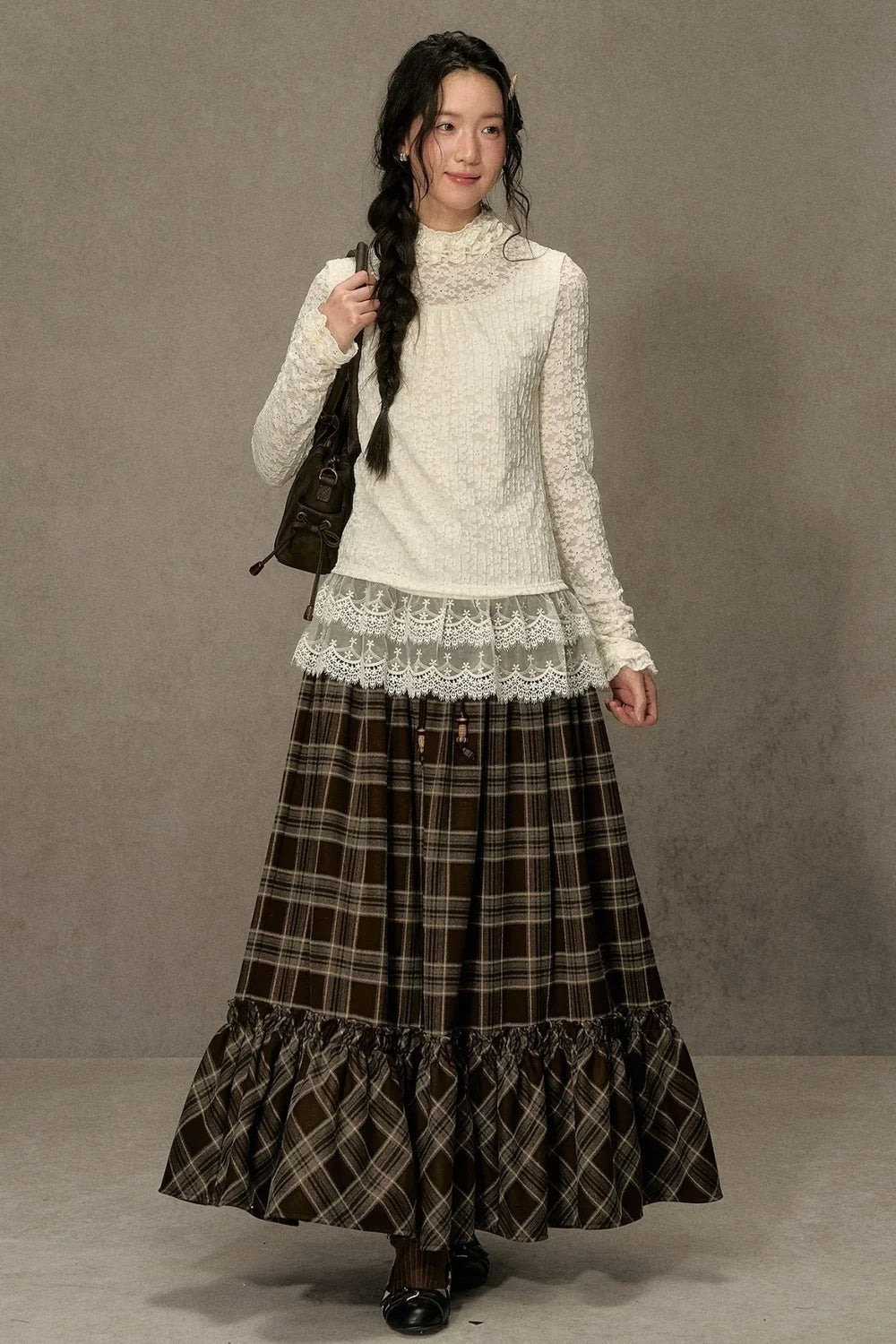 Elastic Waist Plaid Ruffle Skirt