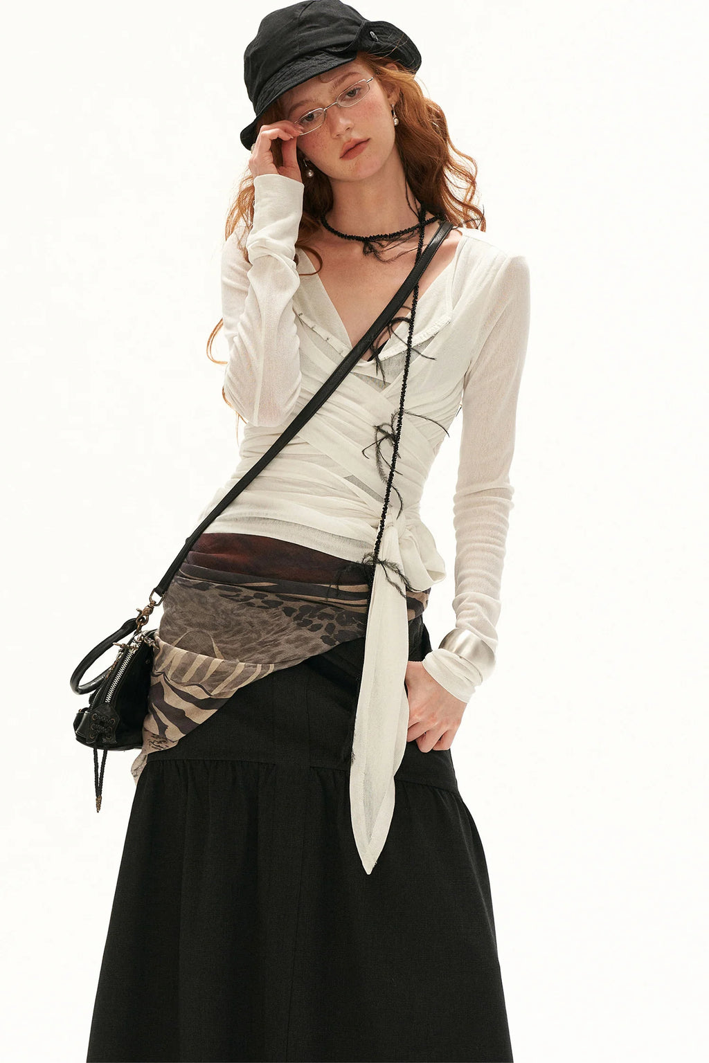 Thin See-Through Cross-Tie Long-Sleeve T-Shirt