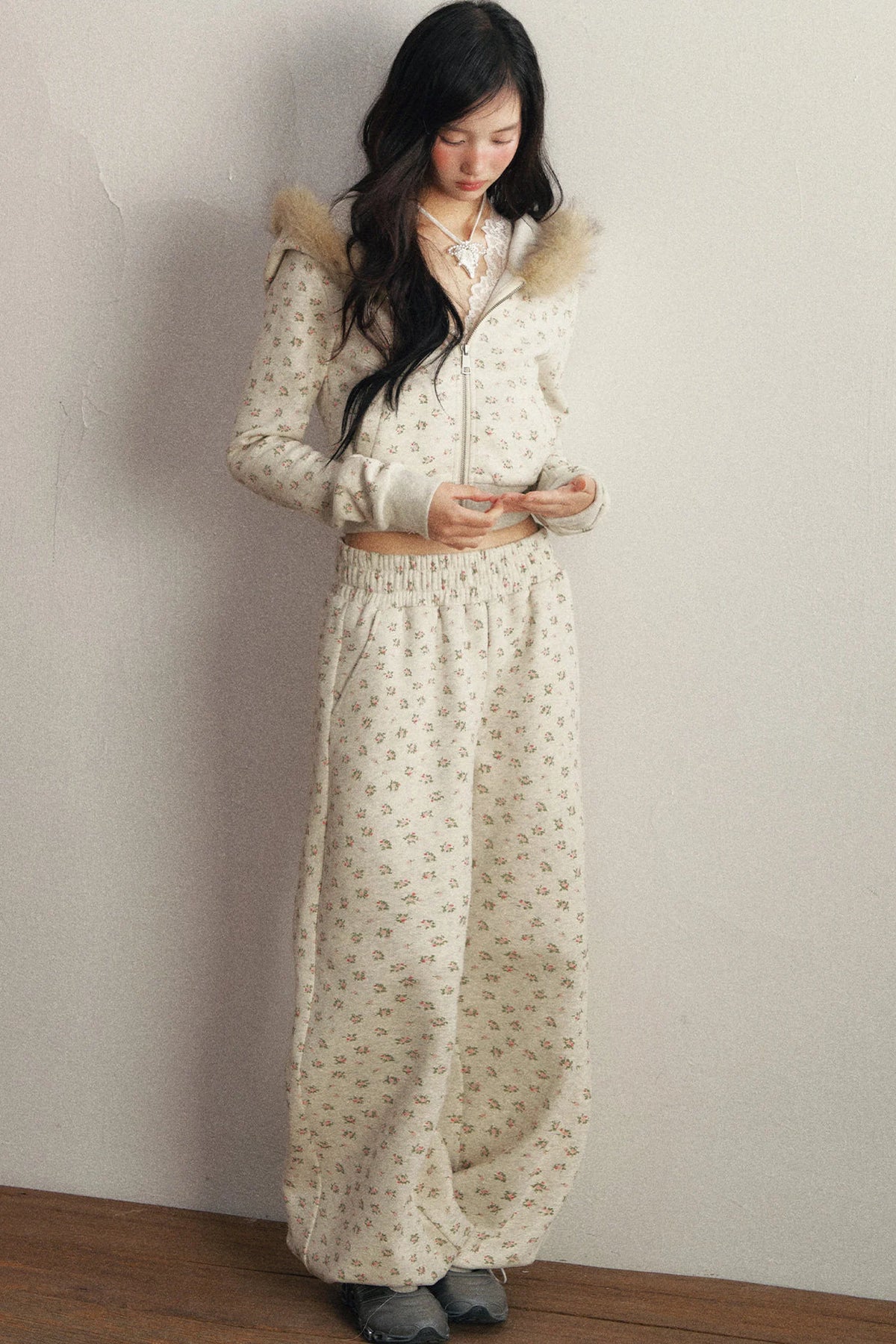 Floral Fleece Hoodie and Sweatpants Set-Up
