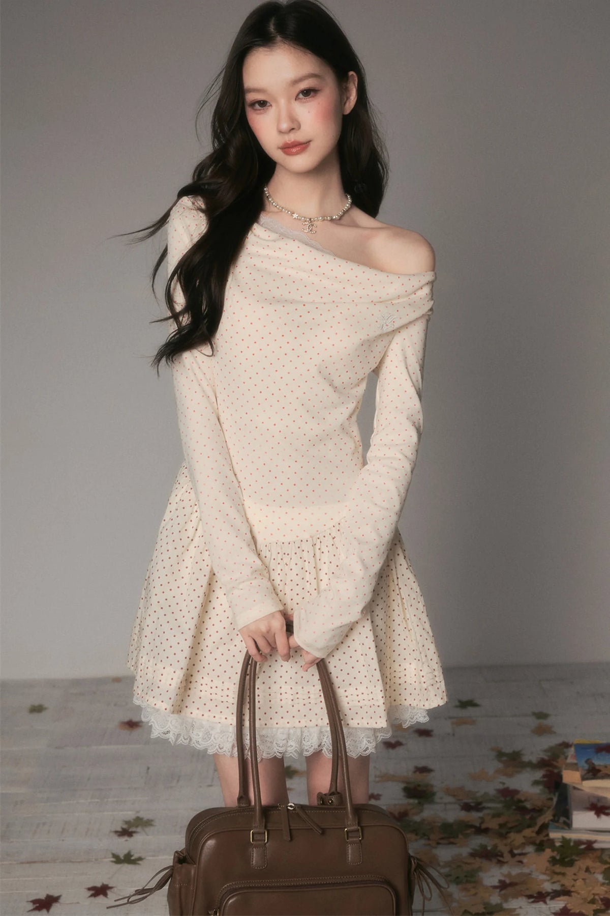 Off-Shoulder Polka Dot Lace Patchwork Dress
